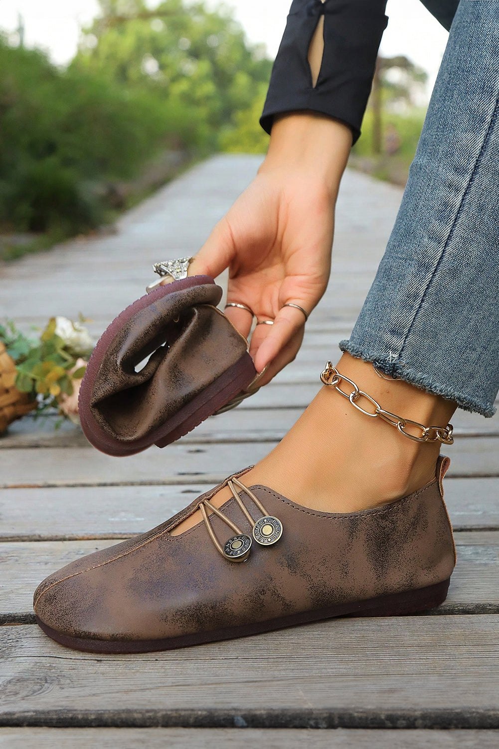 Vintage Button Detail Faux Leather Loafers | Boho Slip-On Flats