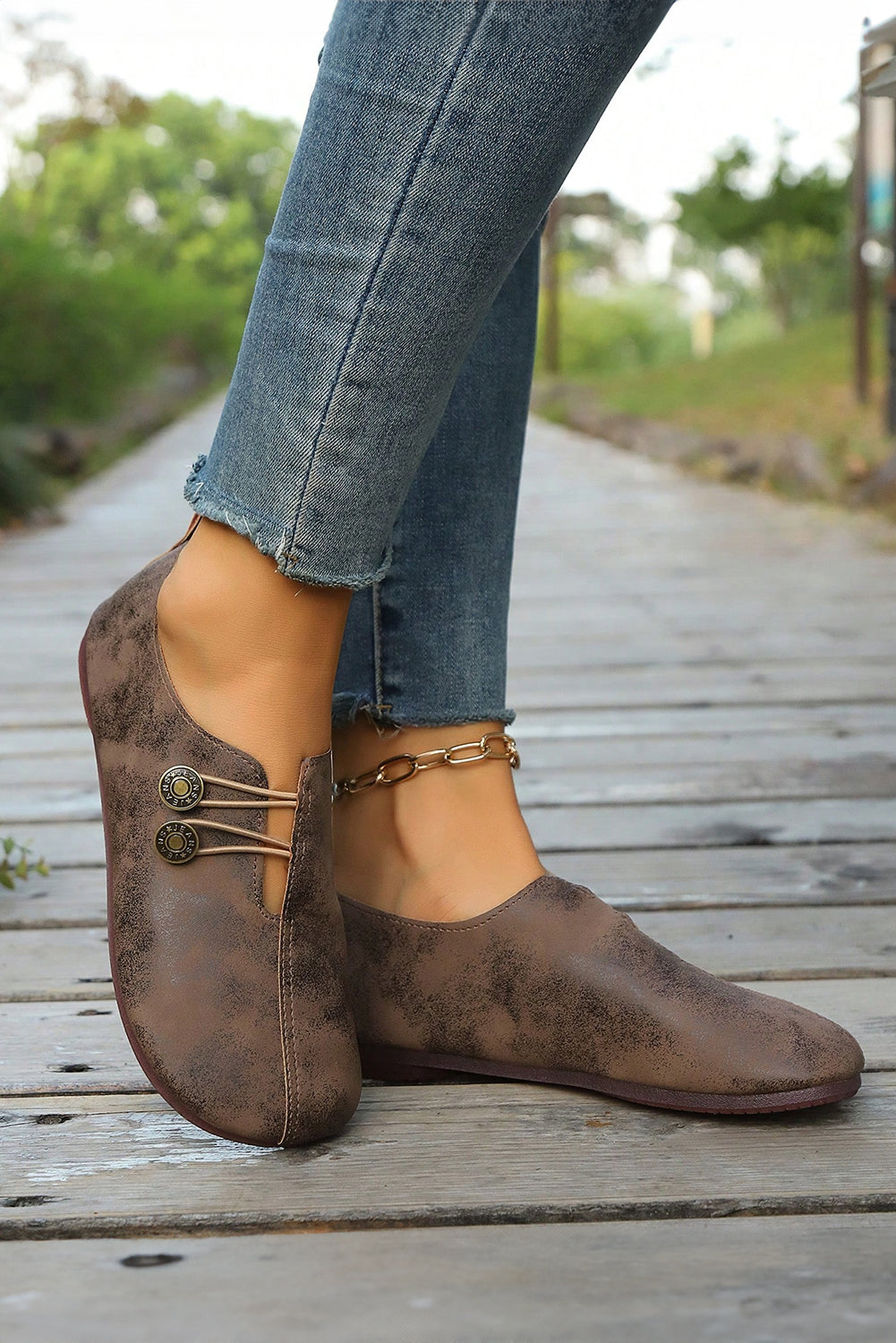Vintage Button Detail Faux Leather Loafers | Boho Slip-On Flats