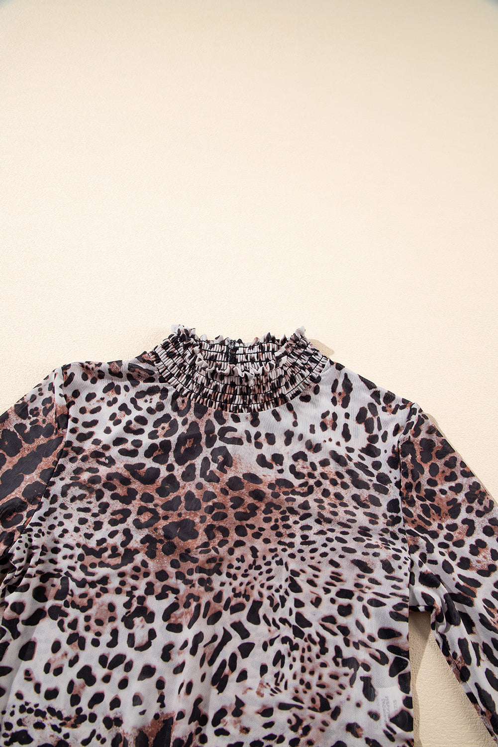 Leopard Print Smocked Neck Mesh Bodysuit