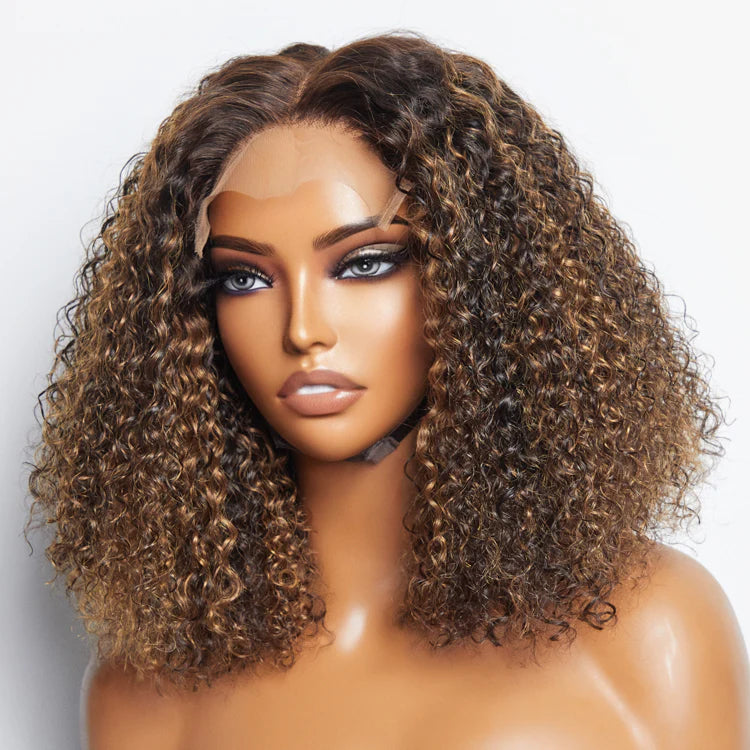 14 Inch P4/27 Kinky Curly 5x5 Lace Closure Wig | Honey Highlight 150% Density