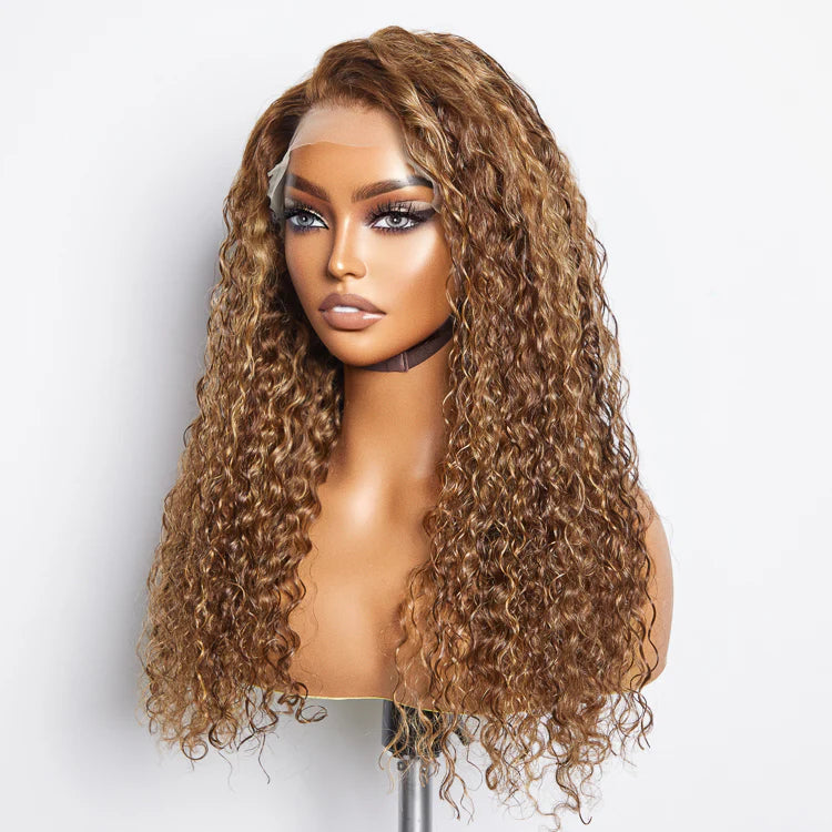 Pre-Plucked 13x4" Lace Front Water Wavy Highlight Wig Free Part 180% Density-100% Human Hair