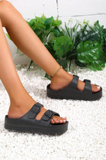 Load image into Gallery viewer, Black Solid Color Buckle Straps Beach Slides Shoes
