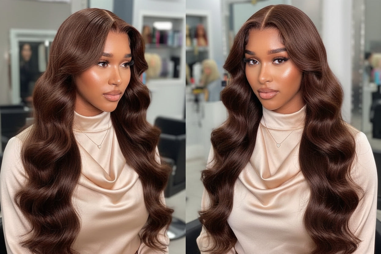 Chocolate Brown Body Wave 13x4 Lace Frontal Wig | HD Lace| 180% Density | 100% Human Hair | Pre Plucked With Baby Hair