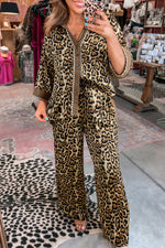 Load image into Gallery viewer, Brown Leopard Collared 3/4 Sleeve Shirt and Loose Pants Two Piece Outfit Set
