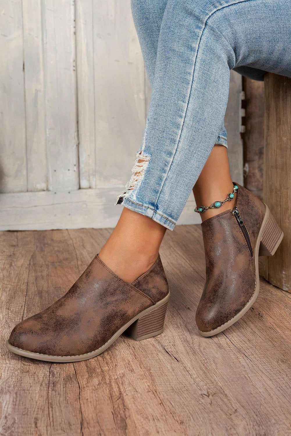 Distressed Suede-Look Side Zip Ankle Bootie