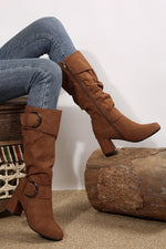 Load image into Gallery viewer, Coffee Suede Double Buckled Side Zipped Mid-calf Boots
