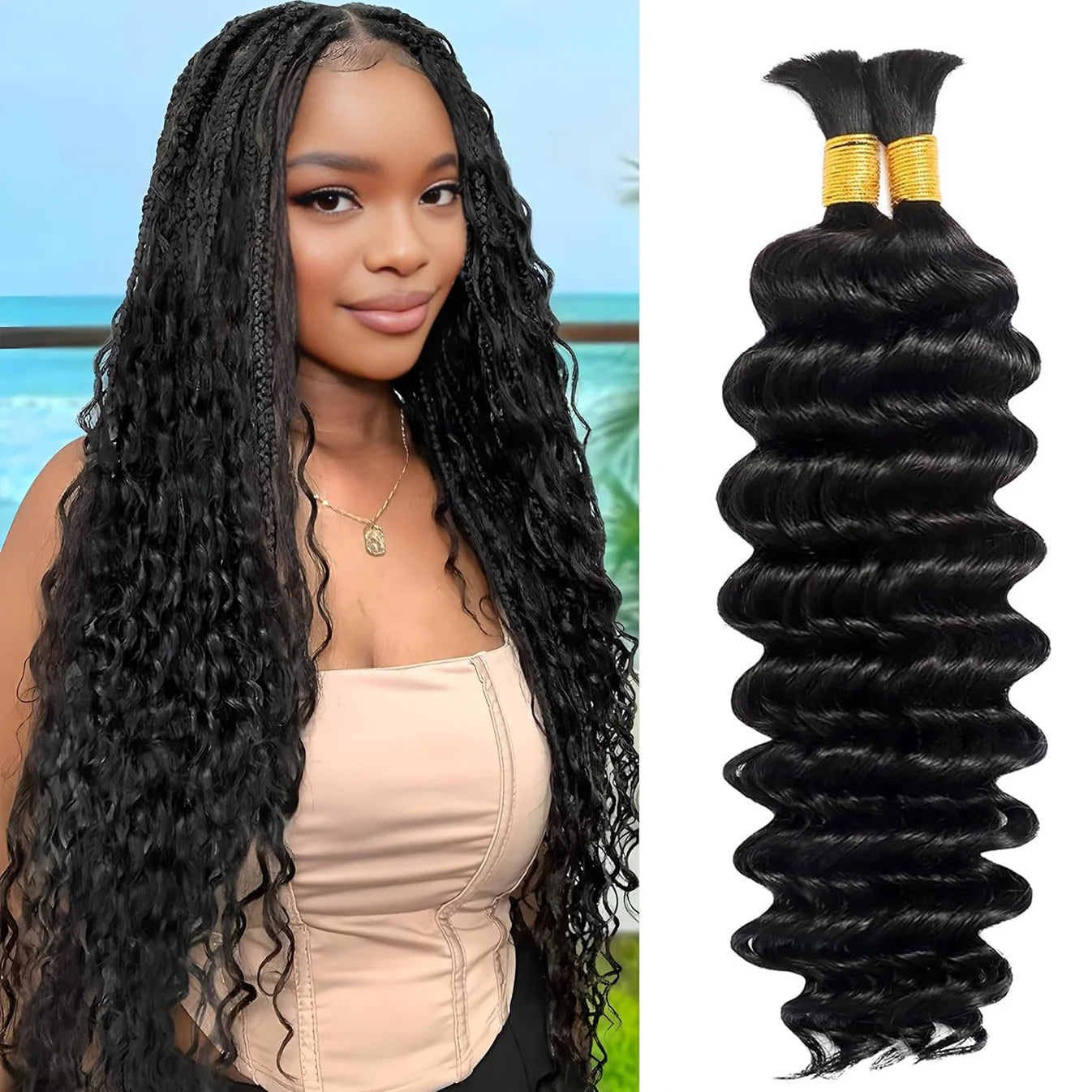 Deep Wave Bulk Hair For Braiding #1B Natural Black