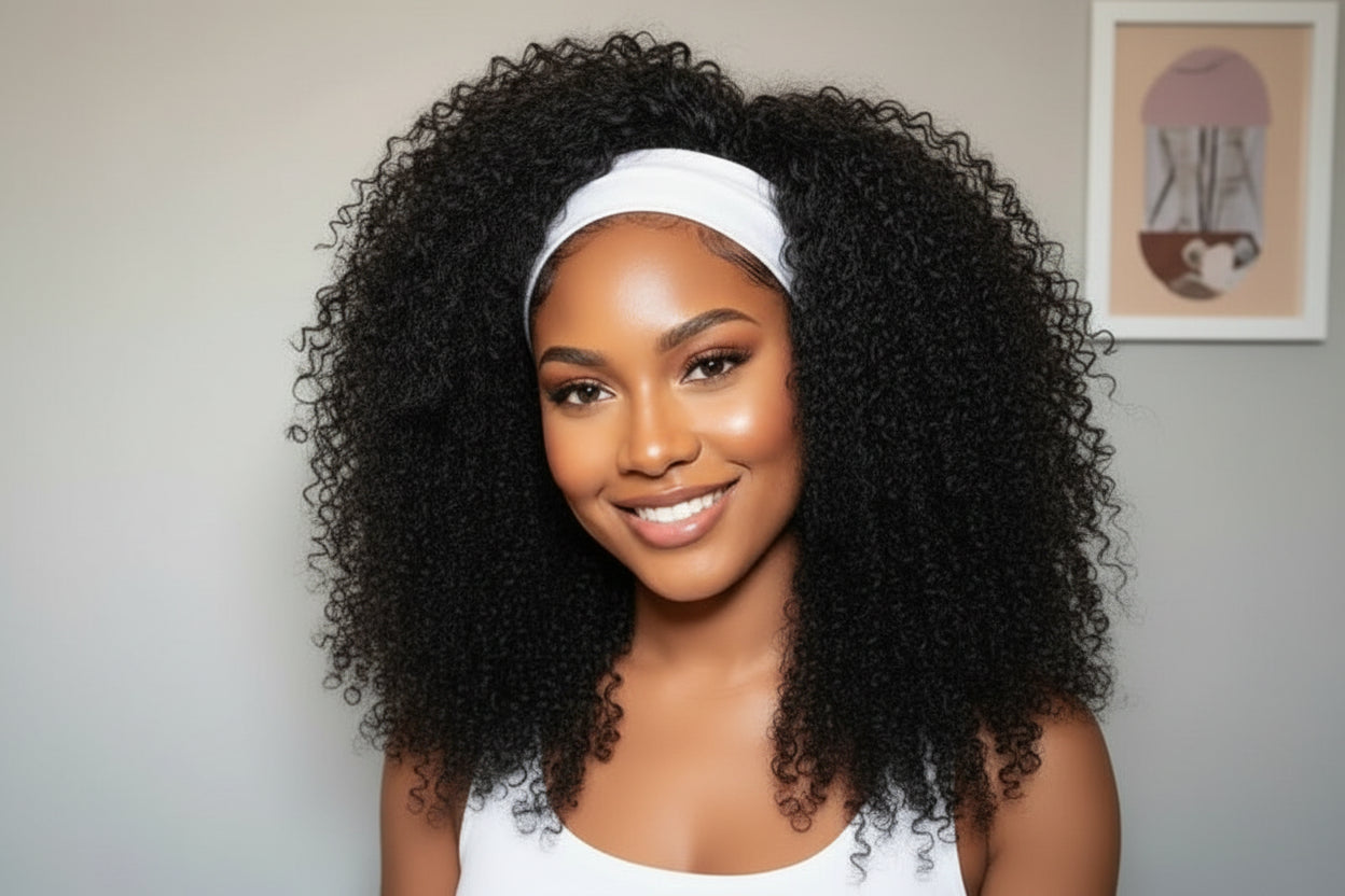 #1B Natural Black Messy Curly Half Wig 180% Density