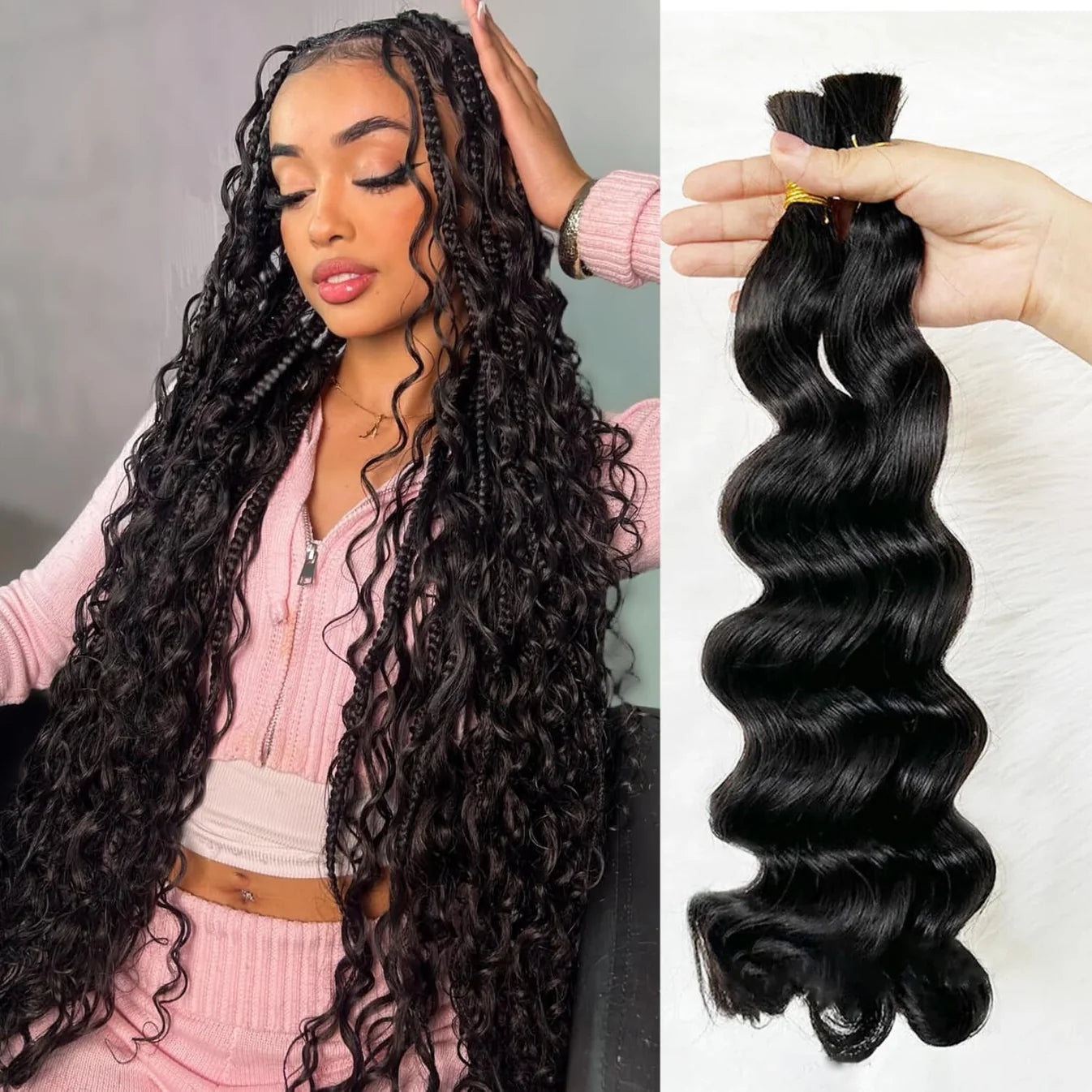 Loose Wave Bulk Hair For Braiding #1B Natural Black/Boho braids