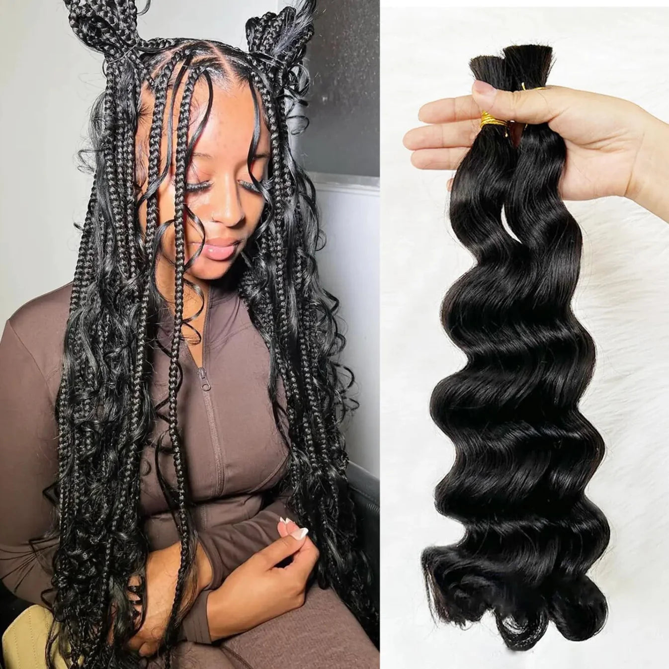 Loose Wave Bulk Hair For Braiding #1B Natural Black/Boho braids