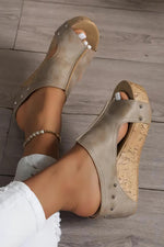 Load image into Gallery viewer, Gray Hollow Out Studded PU Leather Wedge Slides Shoes
