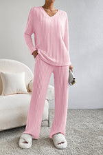 Load image into Gallery viewer, Ribbed V-Neck Lounge Set – Cozy Two-Piece Outfit for Everyday Comfort
