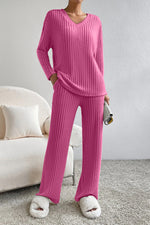 Load image into Gallery viewer, Ribbed V-Neck Top and Pants Set
