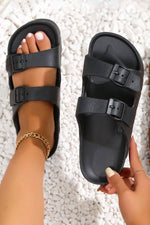 Load image into Gallery viewer, Black Solid Color Buckle Straps Beach Slides Shoes
