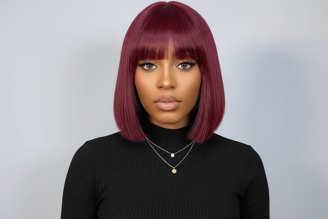 10 Inches Reddish Purple Layered Cut Yaki Straight #99J Lace Bob Wig With Bangs