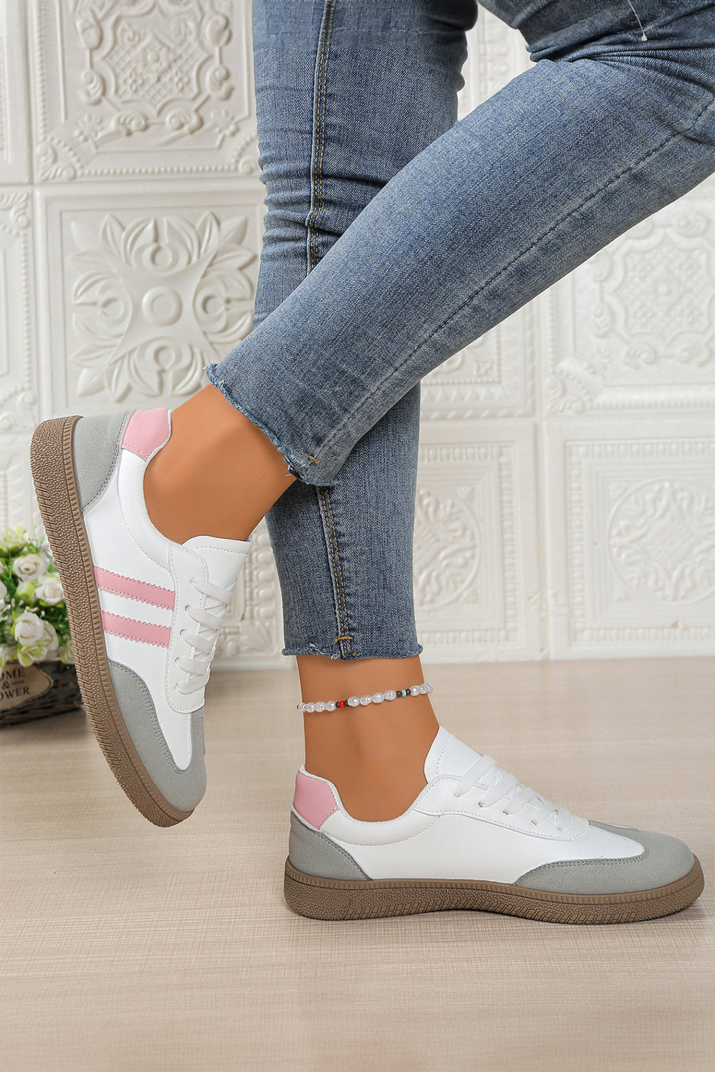 Pink Double Stripe Court Sneaker with Gum Sole