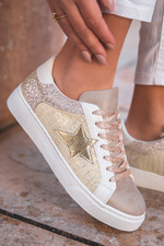 Load image into Gallery viewer, Gold Glitter Star Patchwork Leather Lace-up Sneakers
