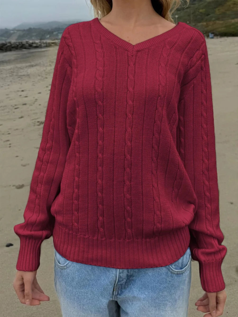 Cable Knit V - Neck Pullover Sweater - The PM Edit