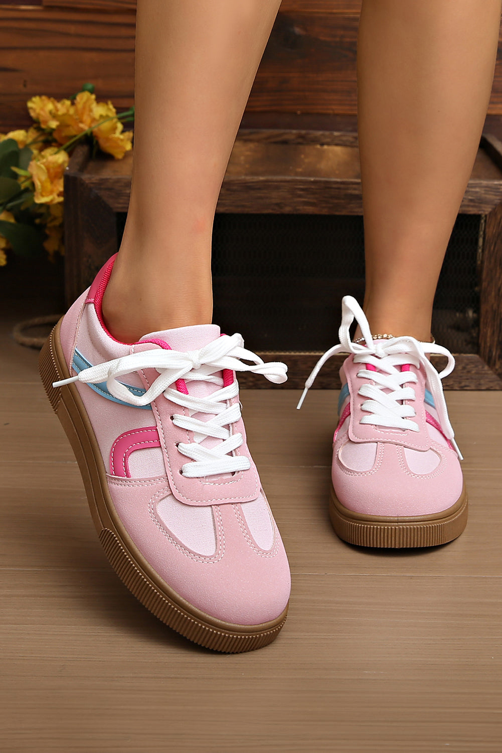 Rose Red Color Block Lace Up Sneakers
