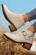 White Faux Leather Studded Pointed Toe Block Heel Ankle Boots