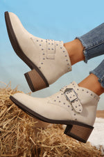 Load image into Gallery viewer, White Faux Leather Studded Pointed Toe Block Heel Ankle Boots
