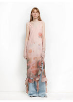 Load image into Gallery viewer, Silk V-Neck Ruffled Draped Twist Strap Summer Dress "Rosy Ombre"

