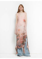 Load image into Gallery viewer, Silk V-Neck Ruffled Draped Twist Strap Summer Dress "Rosy Ombre"
