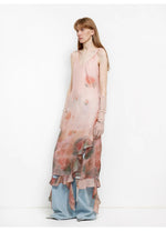 Load image into Gallery viewer, Silk V-Neck Ruffled Draped Twist Strap Summer Dress "Rosy Ombre"
