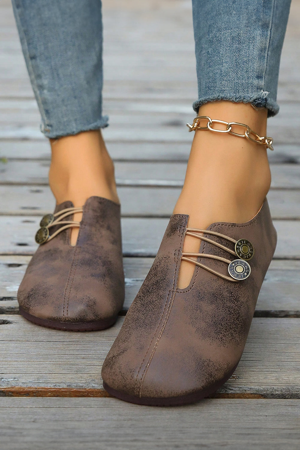 Vintage Button Detail Faux Leather Loafers | Boho Slip-On Flats