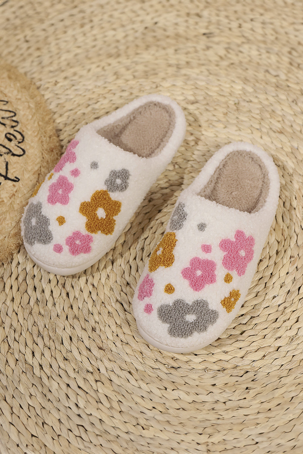 White Floral Fuzzy Winter Slippers