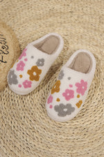 Load image into Gallery viewer, White Floral Fuzzy Winter Slippers
