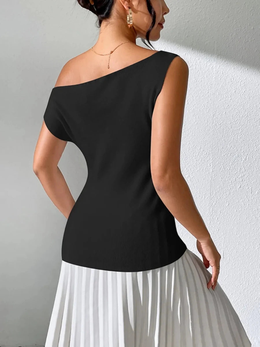 Single Shoulder Short Sleeve Knit Top - The PM Edit