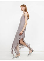 Load image into Gallery viewer, Silk V-Neck Ruffled Draped Twist Strap Summer Dress "Rosy Ombre"
