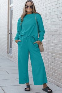 Textured Long Sleeve Top and Drawstring Pants Set