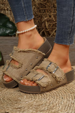Load image into Gallery viewer, Pale Khaki Double Buckle Straps Frayed Detial Retro Slippers
