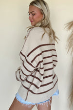 Load image into Gallery viewer, Brown Striped Exposed Seam Loose Henley Sweater
