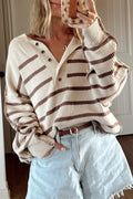 Striped Polo Collar Balloon Sleeve Knit Top