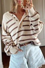 Load image into Gallery viewer, Brown Striped Exposed Seam Loose Henley Sweater
