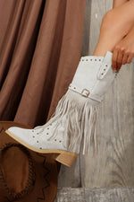 Load image into Gallery viewer, Jet Stream Faux Suede Studded Fringe Trim Heel Boots
