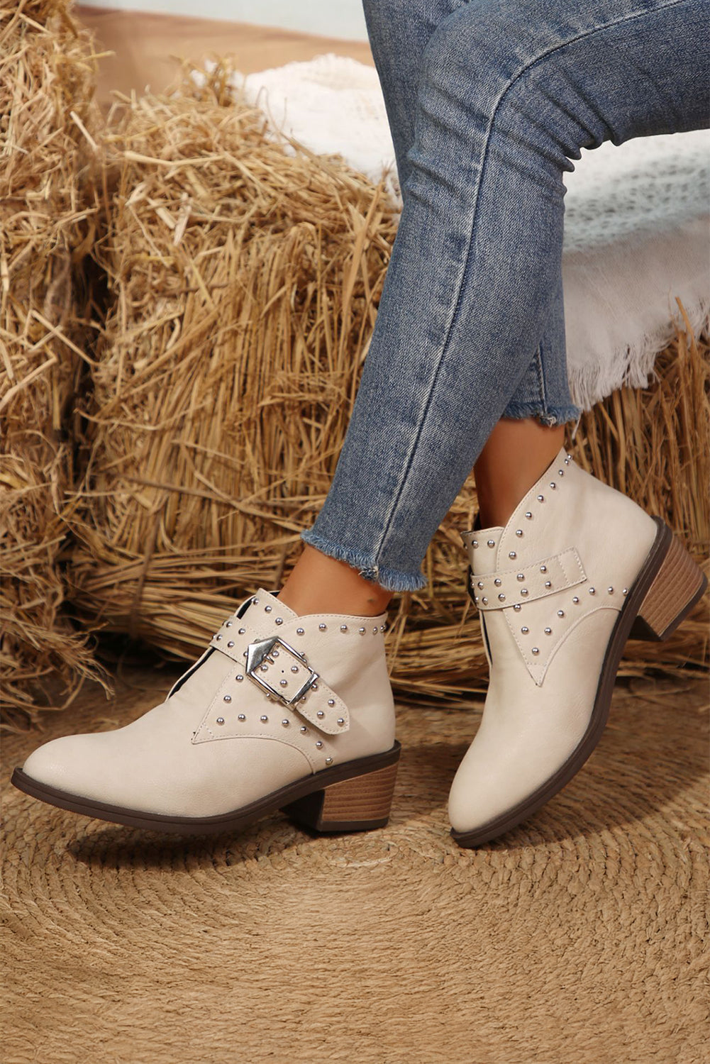 White Faux Leather Studded Pointed Toe Block Heel Ankle Boots