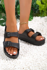Load image into Gallery viewer, Black Solid Color Buckle Straps Beach Slides Shoes
