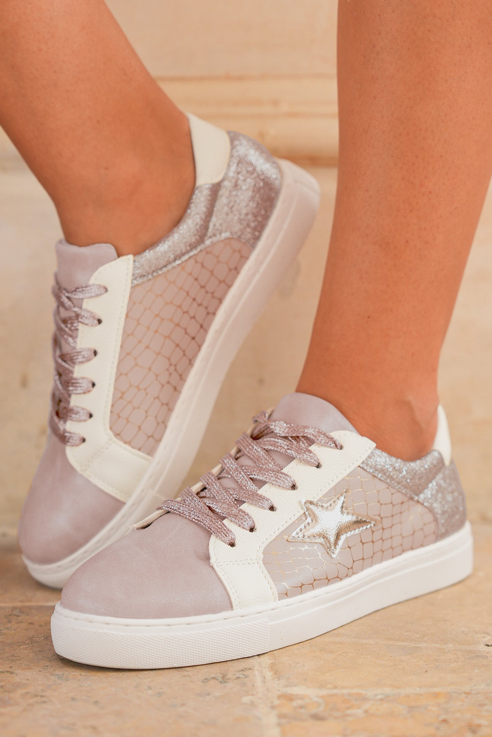 Gold Glitter Star Patchwork Leather Lace-up Sneakers