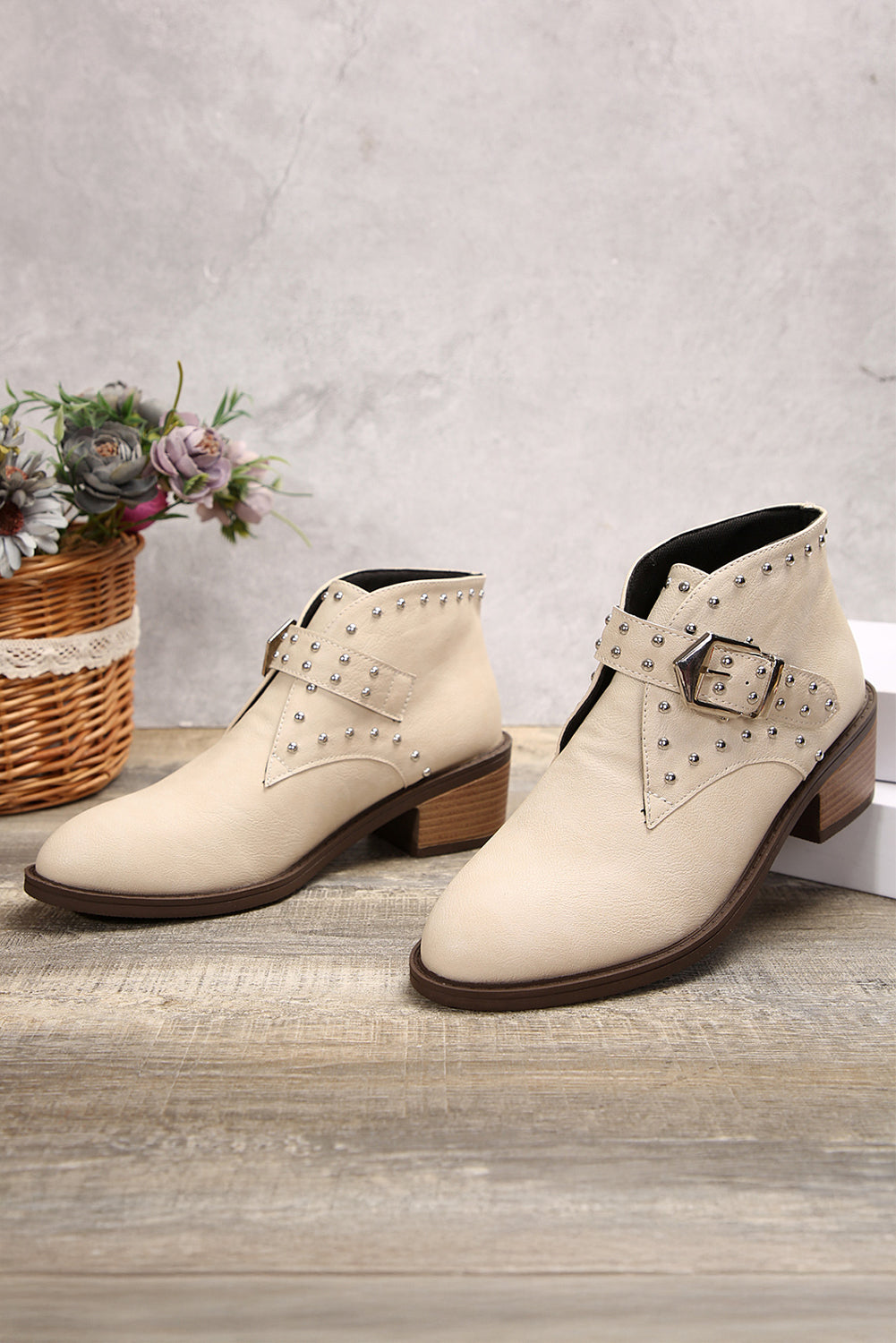 White Faux Leather Studded Pointed Toe Block Heel Ankle Boots