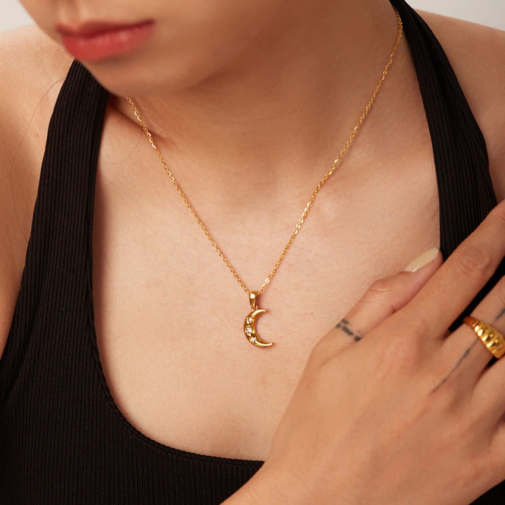 Crescent Moon & Star CZ Pendant Necklace | 18K Gold Plated Stainless Steel Celestial Jewelry