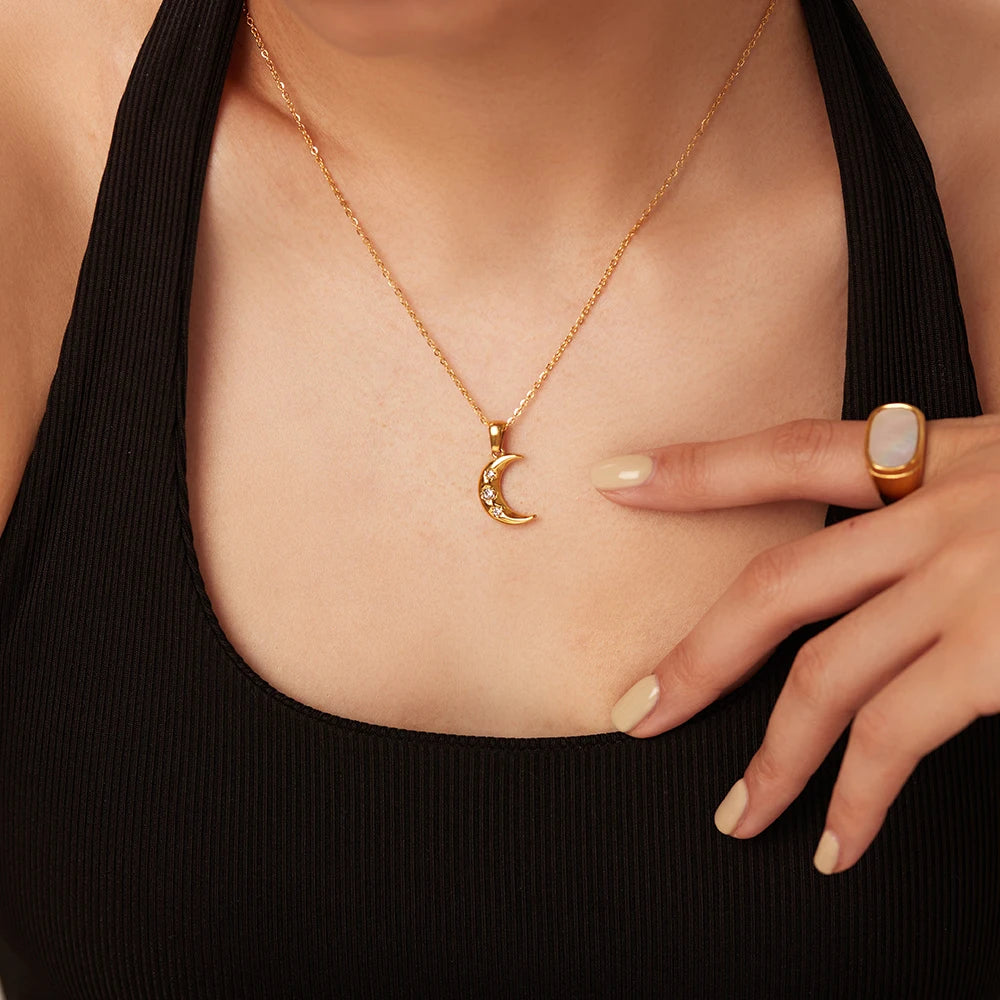 Crescent Moon & Star CZ Pendant Necklace | 18K Gold Plated Stainless Steel Celestial Jewelry
