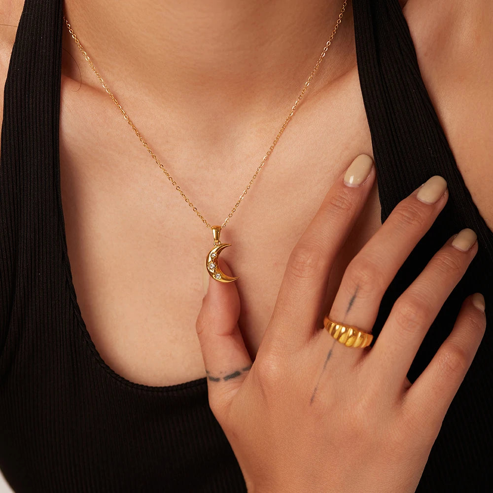 Crescent Moon & Star CZ Pendant Necklace | 18K Gold Plated Stainless Steel Celestial Jewelry