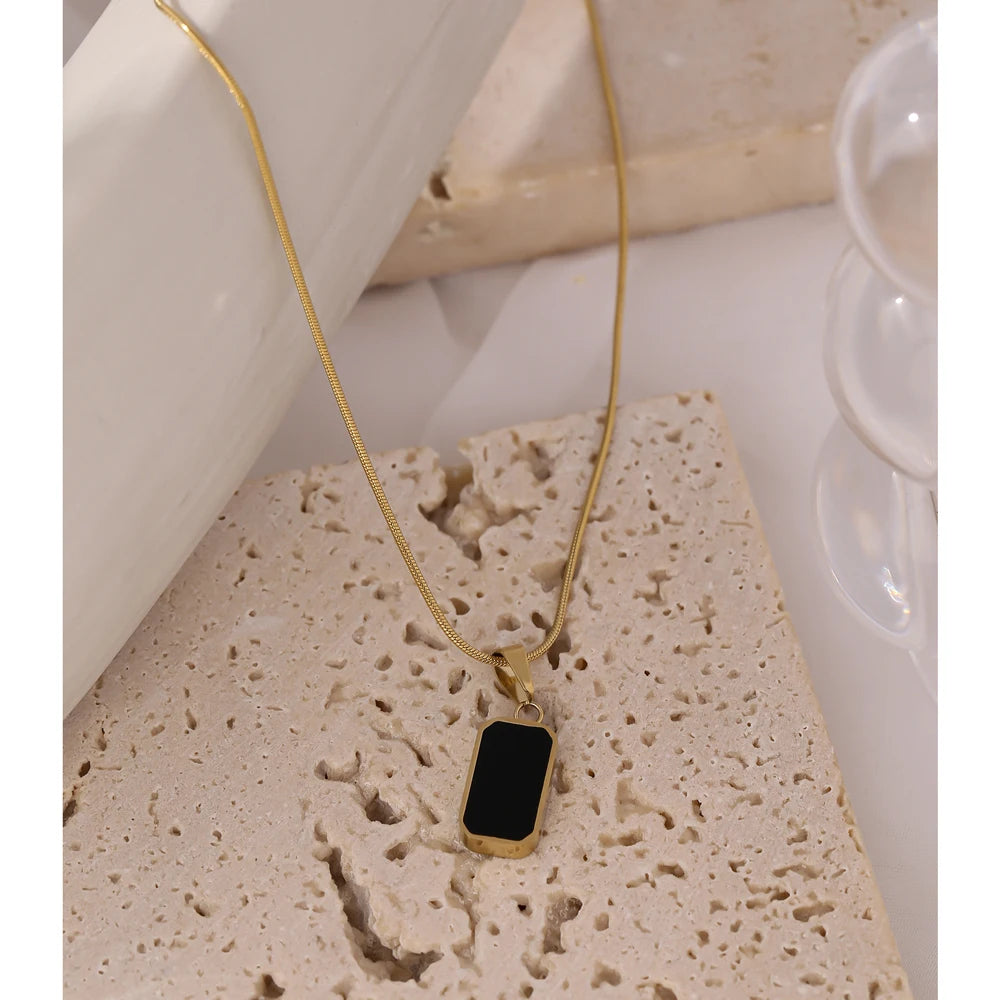 Black Enamel Rectangle Pendant Necklace | Double-Sided 18K Gold Snake Chain Jewelry