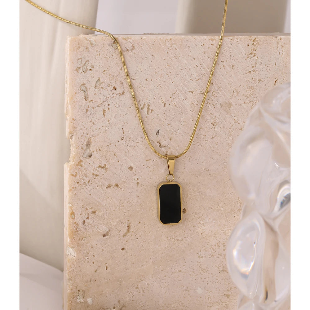 Black Enamel Rectangle Pendant Necklace | Double-Sided 18K Gold Snake Chain Jewelry