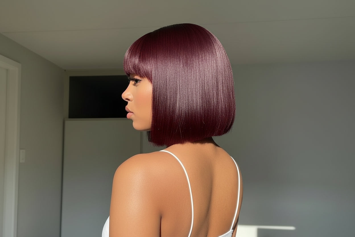 10 Inches Reddish Purple Layered Cut Yaki Straight #99J Lace Bob Wig With Bangs