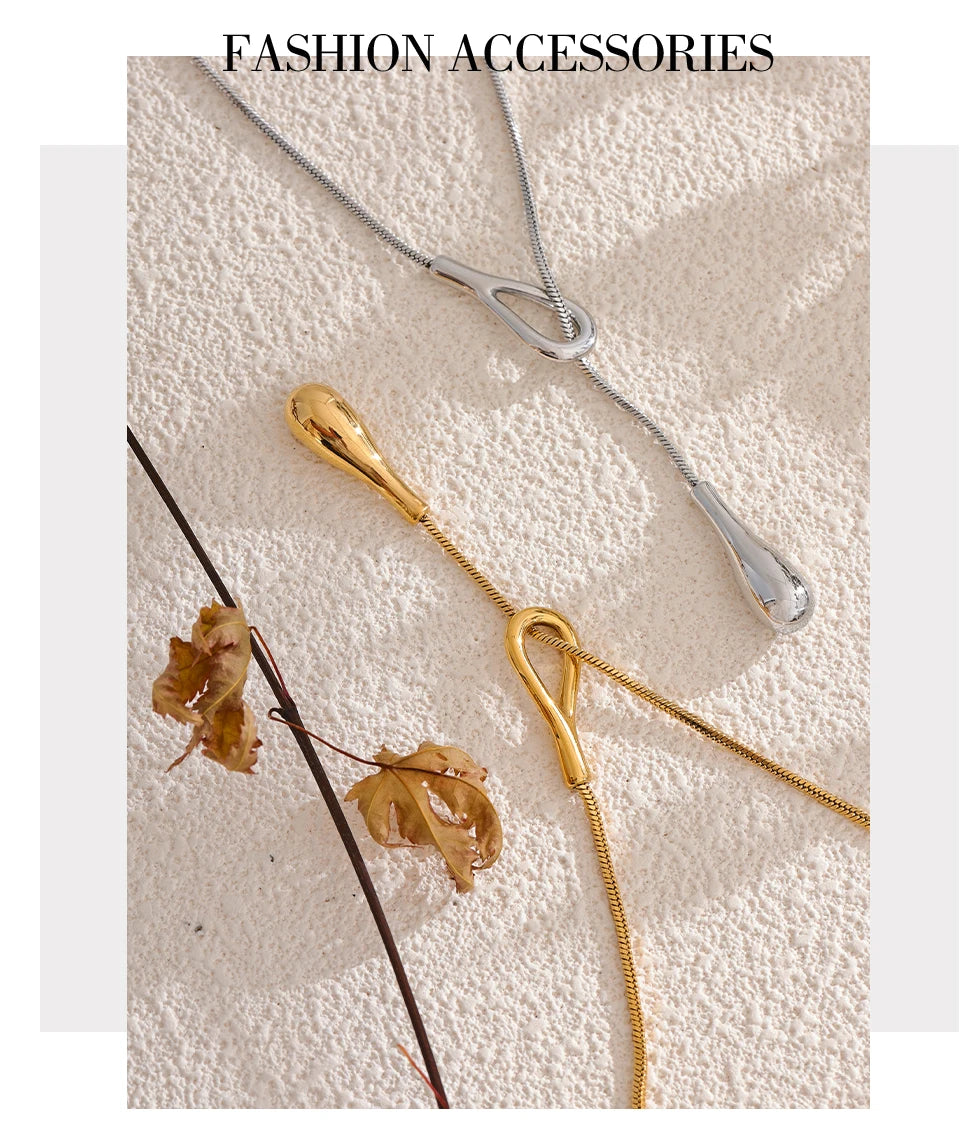 Teardrop Lariat Snake Chain Necklace | 18K PVD Gold Stainless Steel Statement Jewelry